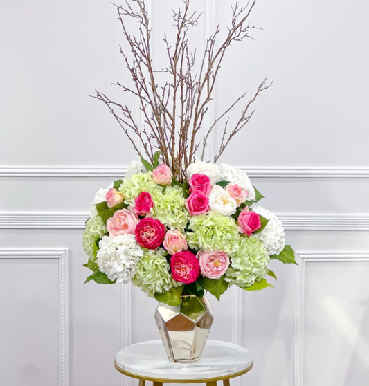 45-In Real Touch Hydrangea Rose Arrangement In Gold Vase