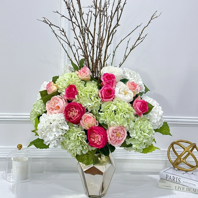 45-In Real Touch Hydrangea Rose Arrangement In Gold Vase