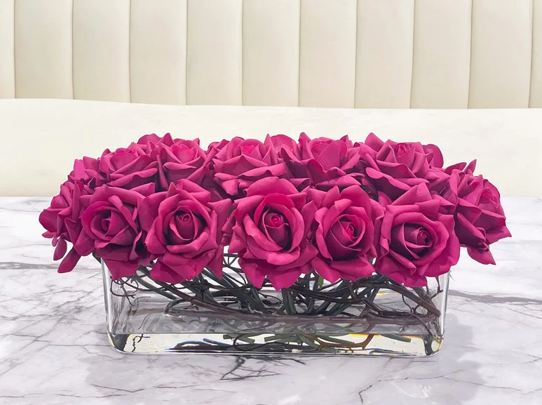 Modern Long Fuchsia Pink Real Touch Roses Arrangement