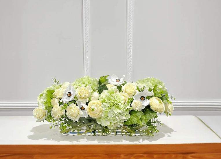 Long Faux Floral Arrangement Green Mixed In Glass Vase