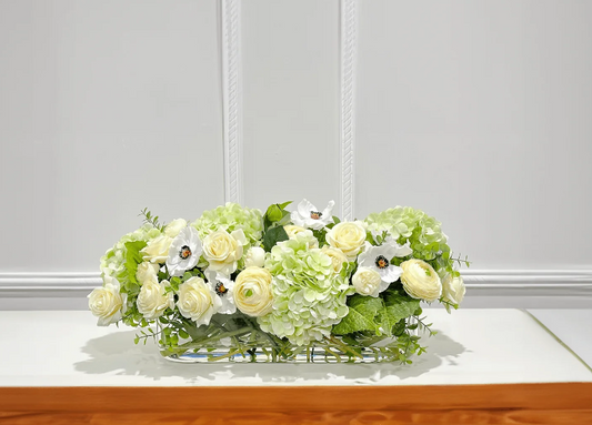 Long Faux Floral Arrangement Green Mixed In Glass Vase