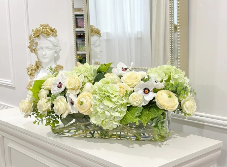 Long Faux Floral Arrangement Green Mixed In Glass Vase