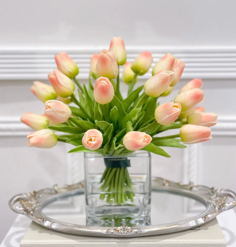 Medium Tulips Floral Arrangement Real Touch In Glass Vase