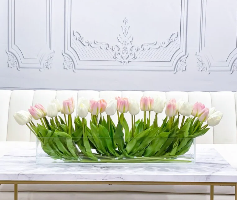 Modern Long Pink/ White Real Touch Tulip Centerpiece In Glass Vase For Table Decor