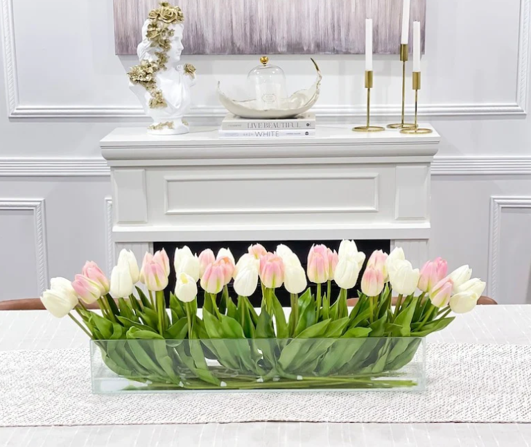 Modern Long Pink/ White Real Touch Tulip Centerpiece In Glass Vase For Table Decor