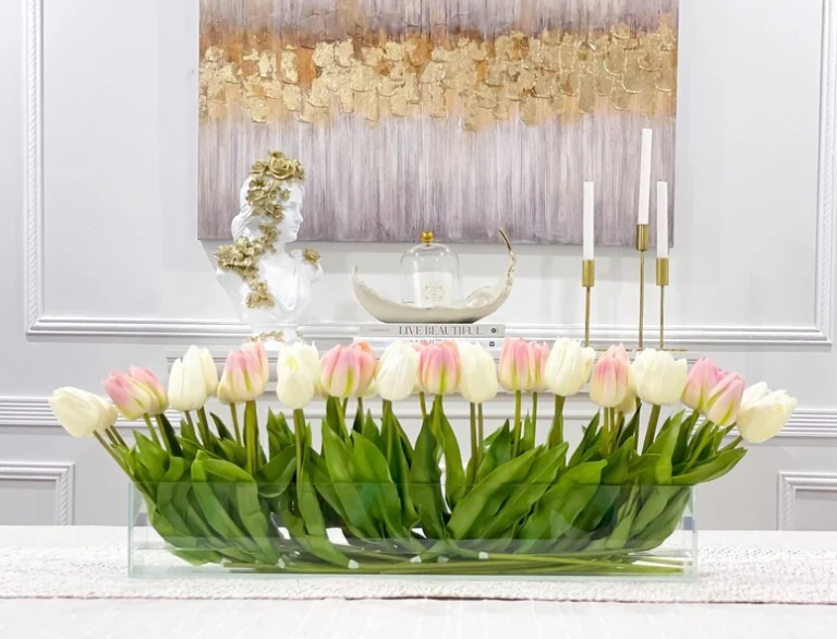 Modern Long Pink/ White Real Touch Tulip Centerpiece In Glass Vase For Table Decor