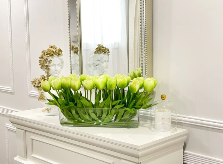 Modern Long Real Touch Tulip Arrangement In Rectangle Glass Vase