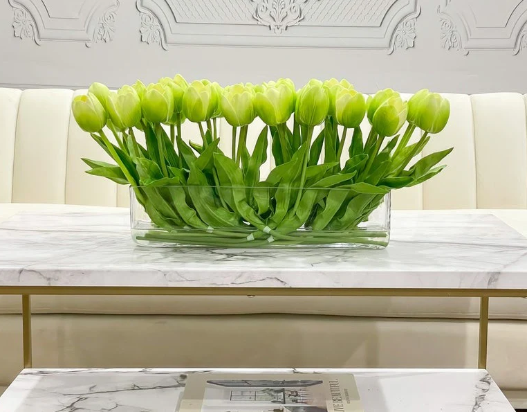 Modern Long Real Touch Tulip Arrangement In Rectangle Glass Vase