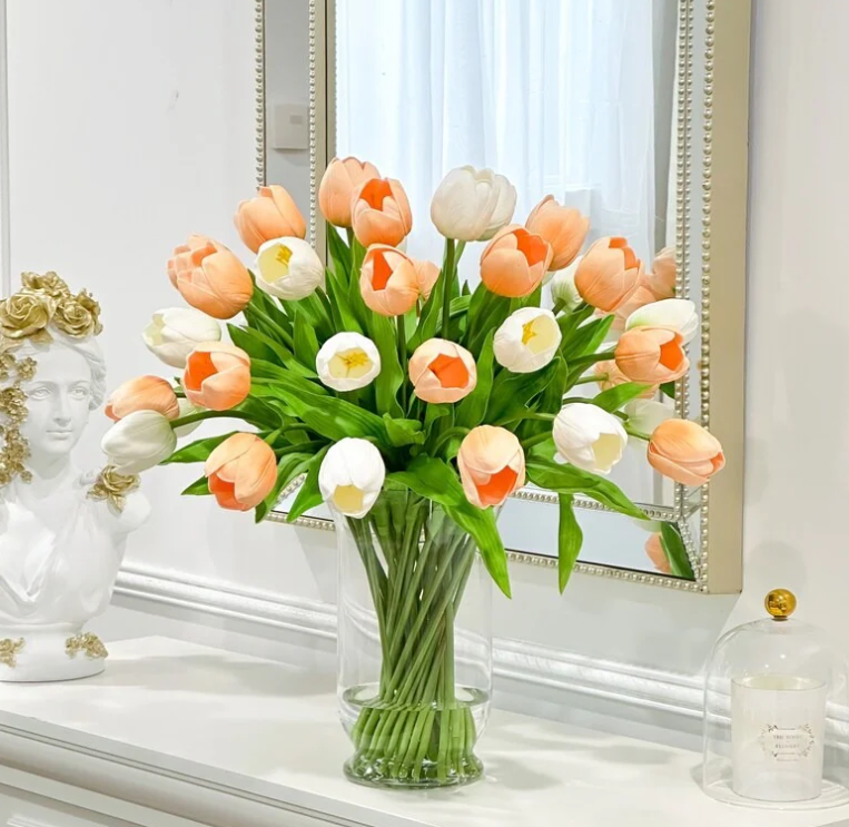 22-In Large Peach White Real Touch Tulip Luxury Floral Centerpiece