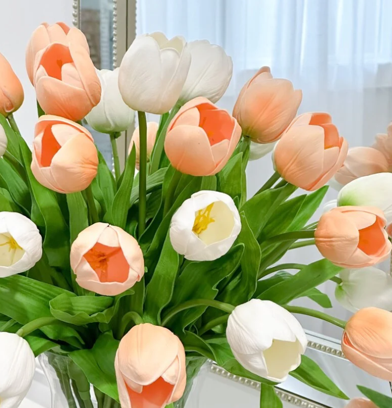 22-In Large Peach White Real Touch Tulip Luxury Floral Centerpiece