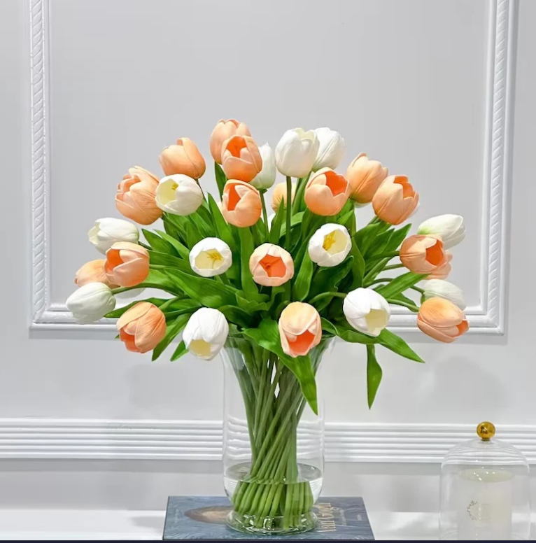 22-In Large Peach White Real Touch Tulip Luxury Floral Centerpiece