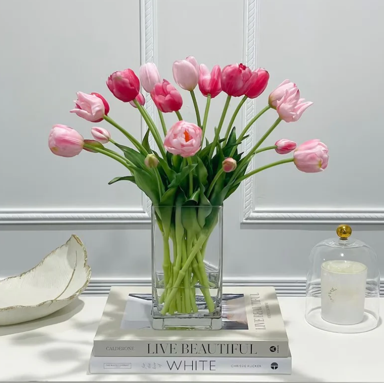 Spring Peony Tulip Arrangement In Glass Vase Modern French Home Decor