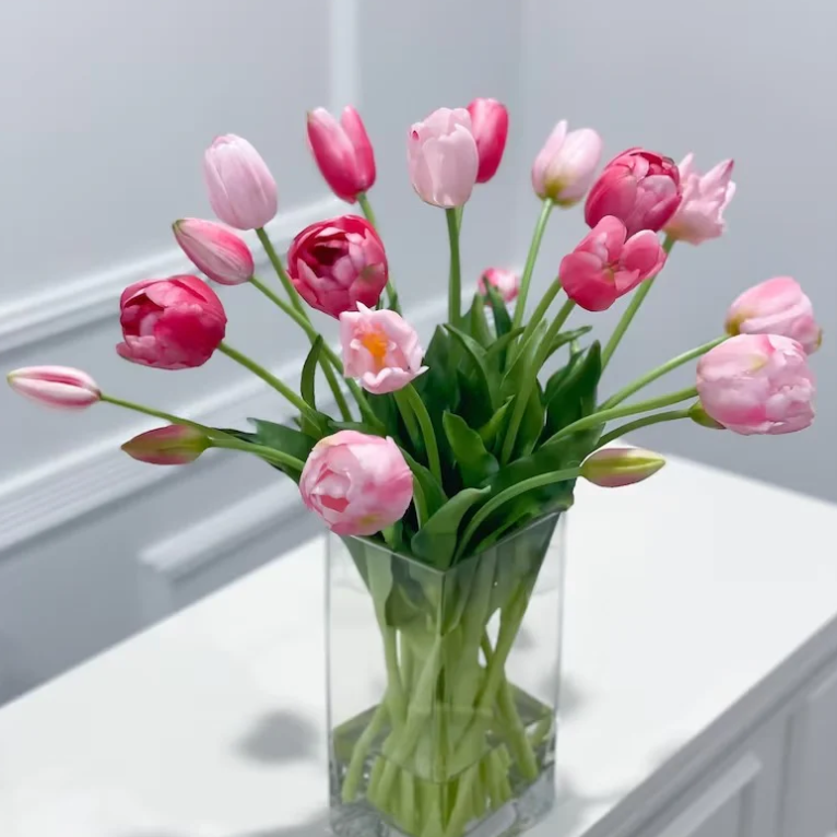 Spring Peony Tulip Arrangement In Glass Vase Modern French Home Decor