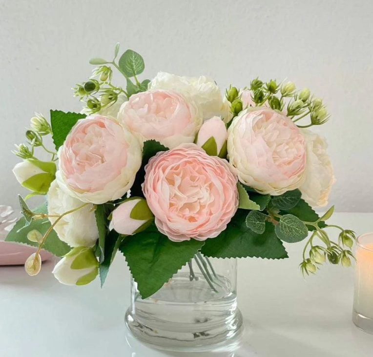 Rose Peonies Arrangement In Glass Vase