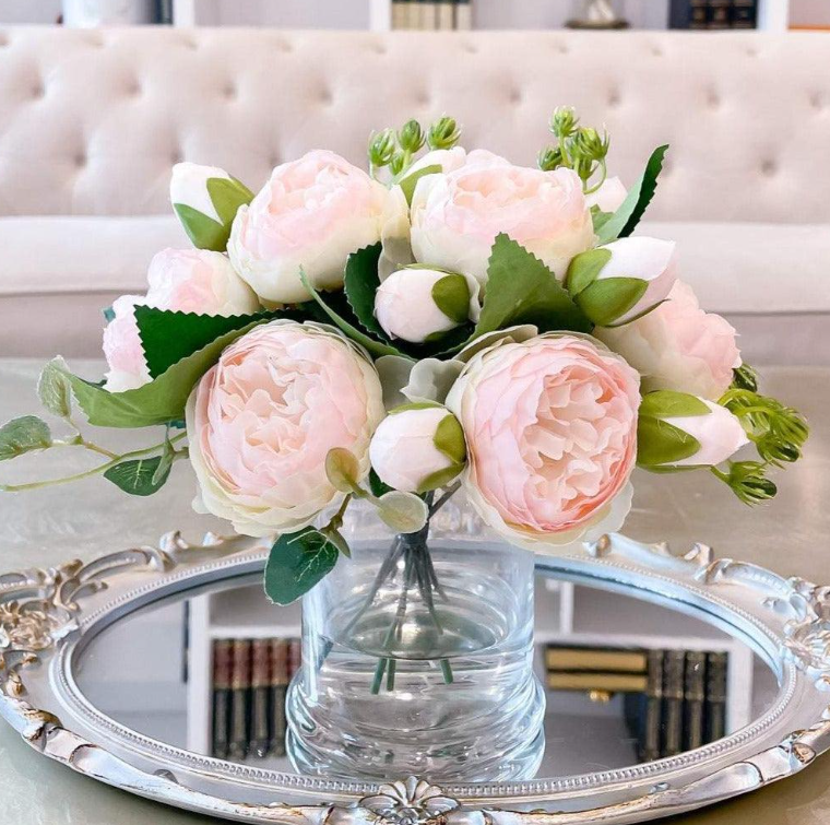 Rose Peonies Arrangement In Glass Vase