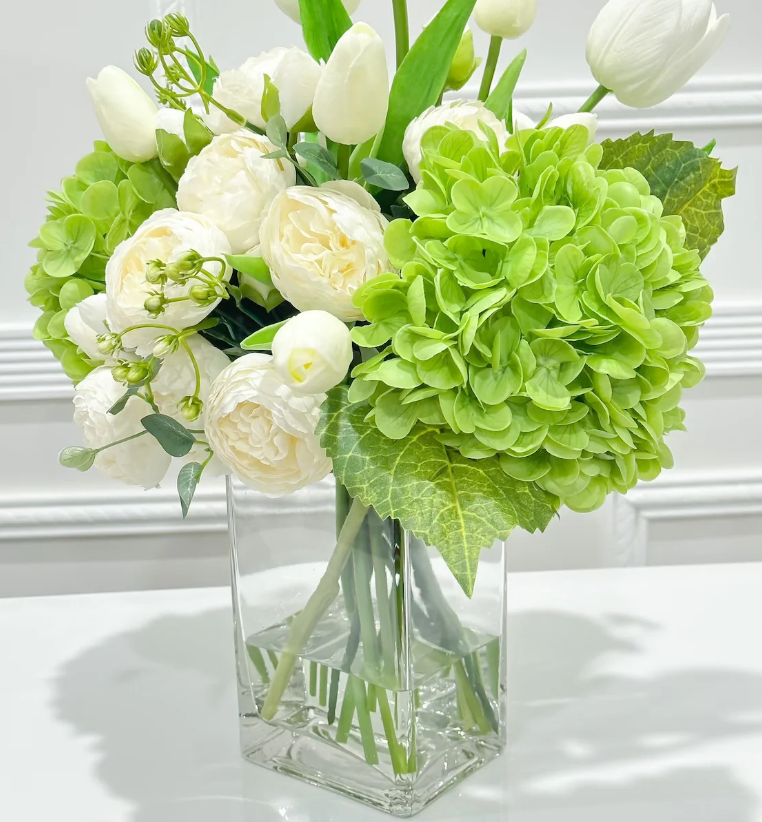 14-In Real Touch Hydrangea Peony Tulip Centerpiece In Glass Vase