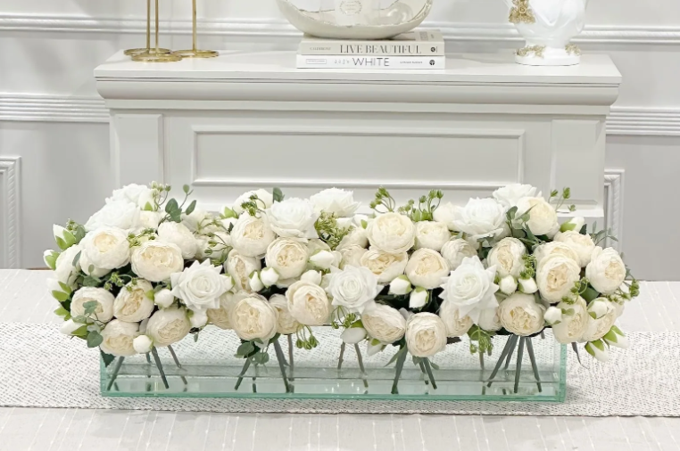 24-In Modern White Rose Peony Arrangement In Long Glass Vase