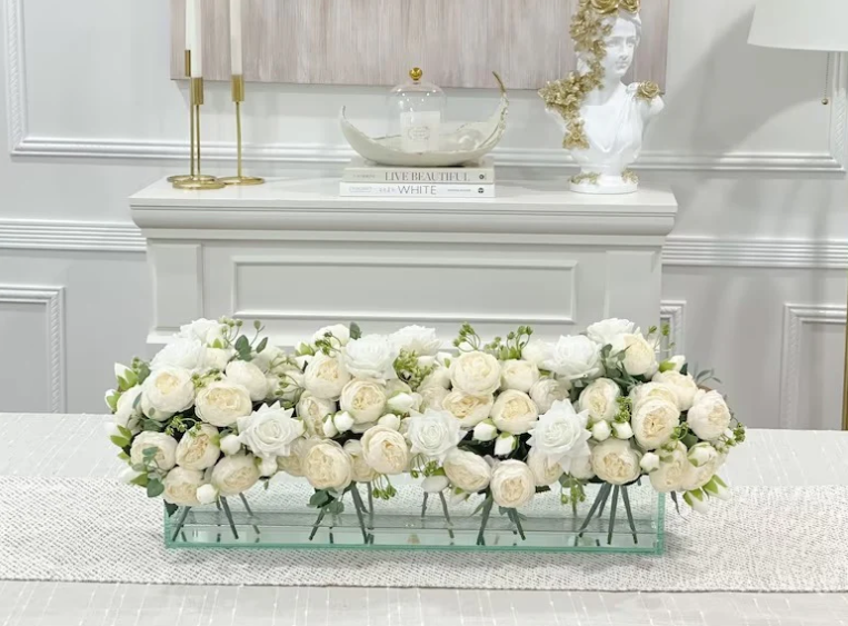 24-In Modern White Rose Peony Arrangement In Long Glass Vase