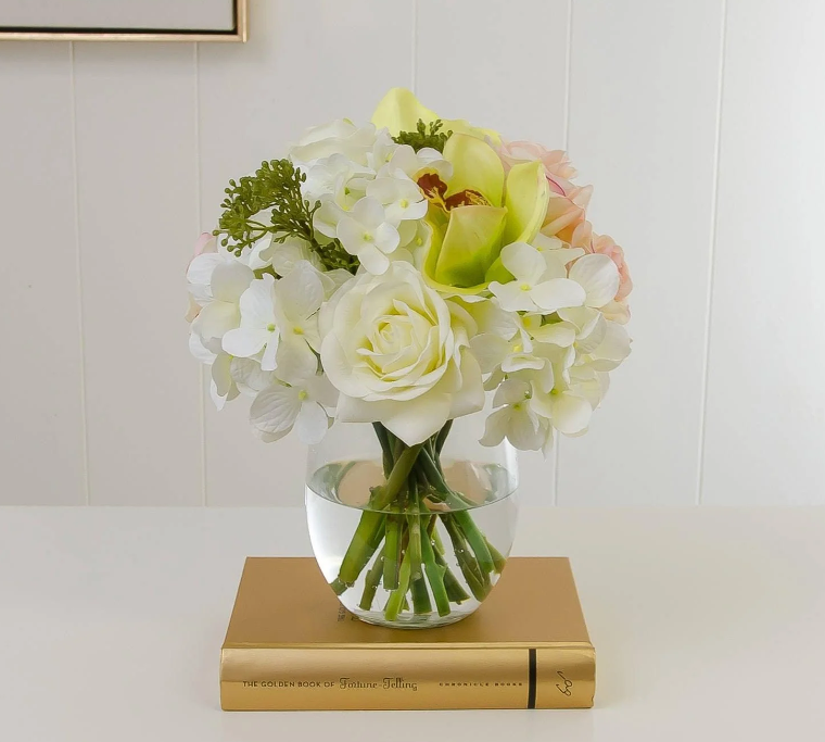 Real Touch Roses With Orchid And Hydrangea Arrangement