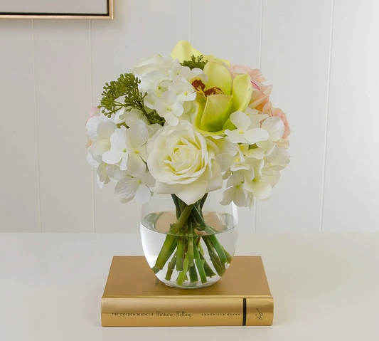 Real Touch Roses With Orchid And Hydrangea Arrangement