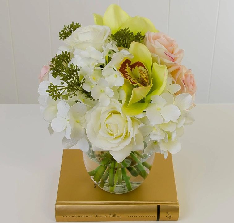 Real Touch Roses With Orchid And Hydrangea Arrangement